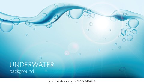 Underwater background with air bubbles and waves on top. Water drops. Realistic vector