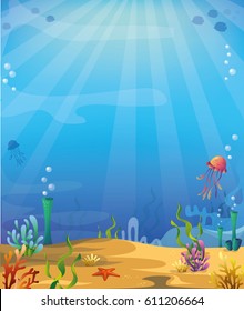 Underwater background with algae, corals, fish and jellyfish. Vector underwater seascape.