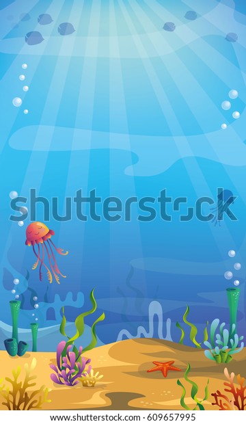 Underwater Background Algae Corals Fish Jellyfish Stock Vector (Royalty ...