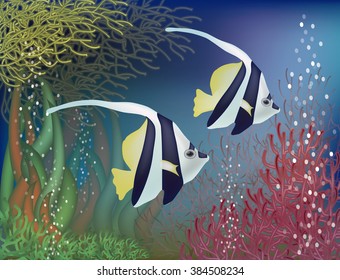 Underwater background with bannerfish, vector illustration 