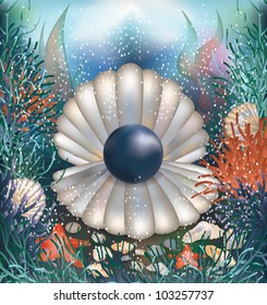 Underwater background with black pearl, vector illustration