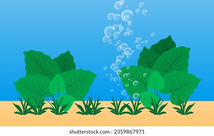 Underwater background. Blue underwater fizzing air bubbles and seaweed