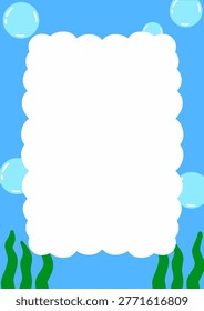 Underwater background with blue water, floating bubbles and green seaweed, blank white scalloped frame for text, aquatic theme background
