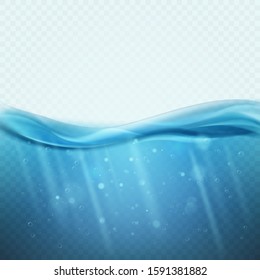 Underwater background. Blue water ocean, sea or lake with undersea light rays and waves. Ecosystem nature clean nautical panorama 3d realistic vector texture with bubbles