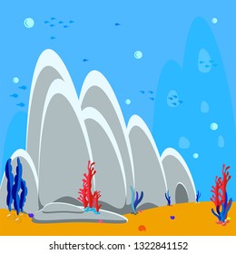 Underwater background cartoon illustration of rocks and seaweed on the sandy bottom. Bubbles water and silhouette fish, algae and red coral. Game vector