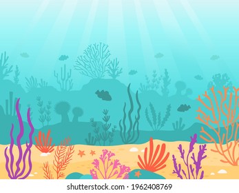 Underwater background. Cartoon seascape with coral reef, sand, seaweed and fish. Ocean bottom scene, deep undersea marine vector landscape. Beautiful aqua wildlife environment with plants