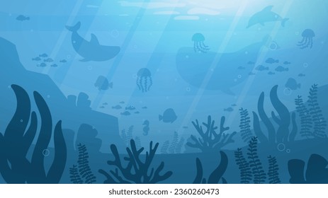 Underwater background concept. Reefs and corals with fish silhouettes in sea or ocean. Ecosystem and wildlife. Flora and fauna. Poster or banner for website. Cartoon flat vector illustration