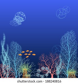 Underwater background with corals, jellyfishes, algae, sea anemone and  fishes. 