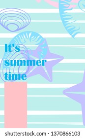 Underwater background. Cute colorful seashells and starfish. Summer design. Vector background