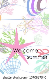 Underwater background. Cute colorful seashells and starfish. Summer design. Vector background