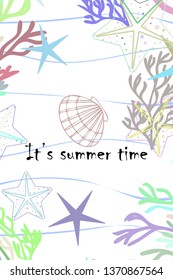 Underwater background. Cute colorful seashells and starfish. Summer design. Vector background