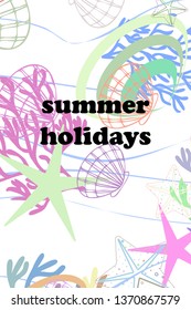 Underwater background. Cute colorful seashells and starfish. Summer design. Vector background