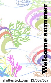 Underwater background. Cute colorful seashells and starfish. Summer design. Vector background