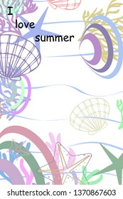 Underwater background. Cute colorful seashells and starfish. Summer design. Vector background