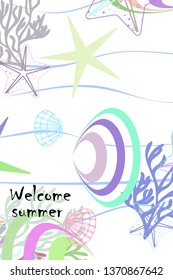Underwater background. Cute colorful seashells and starfish. Summer design. Vector background