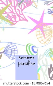 Underwater background. Cute colorful seashells and starfish. Summer design. Vector background