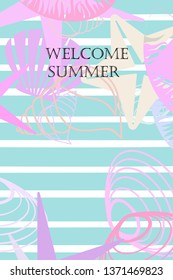Underwater background. Cute colorful seashells and starfish. Summer design. Vector background