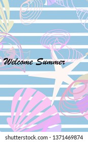 Underwater background. Cute colorful seashells and starfish. Summer design. Vector background