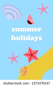 Underwater background. Cute colorful seashells and starfish. Summer design. Vector background