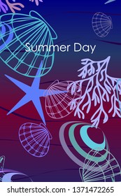 Underwater background. Cute colorful seashells and starfish. Summer design. Vector background