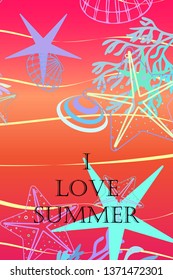 Underwater background. Cute colorful seashells and starfish. Summer design. Vector background