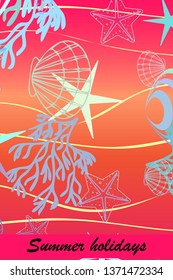 Underwater background. Cute colorful seashells and starfish. Summer design. Vector background
