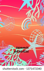 Underwater background. Cute colorful seashells and starfish. Summer design. Vector background