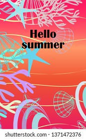 Underwater background. Cute colorful seashells and starfish. Summer design. Vector background