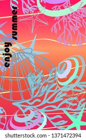 Underwater background. Cute colorful seashells and starfish. Summer design. Vector background