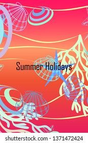 Underwater background. Cute colorful seashells and starfish. Summer design. Vector background