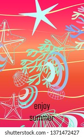 Underwater background. Cute colorful seashells and starfish. Summer design. Vector background
