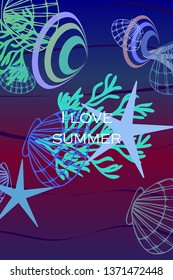 Underwater background. Cute colorful seashells and starfish. Summer design. Vector background