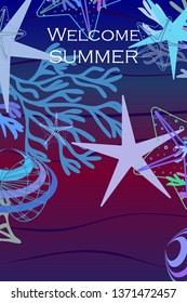 Underwater background. Cute colorful seashells and starfish. Summer design. Vector background