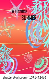 Underwater background. Cute colorful seashells and starfish. Summer design. Vector background