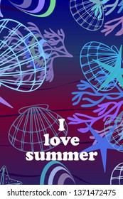Underwater background. Cute colorful seashells and starfish. Summer design. Vector background