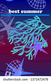Underwater background. Cute colorful seashells and starfish. Summer design. Vector background