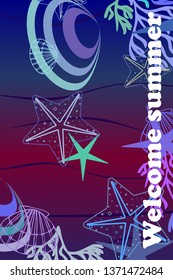 Underwater background. Cute colorful seashells and starfish. Summer design. Vector background
