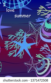 Underwater background. Cute colorful seashells and starfish. Summer design. Vector background