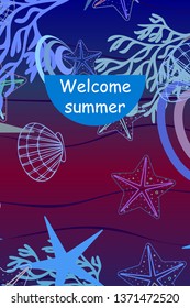 Underwater background. Cute colorful seashells and starfish. Summer design. Vector background