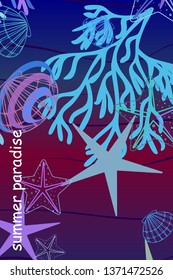 Underwater background. Cute colorful seashells and starfish. Summer design. Vector background