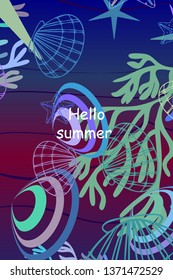 Underwater background. Cute colorful seashells and starfish. Summer design. Vector background