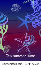 Underwater background. Cute colorful seashells and starfish. Summer design. Vector background