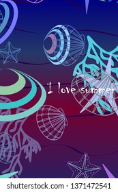 Underwater background. Cute colorful seashells and starfish. Summer design. Vector background