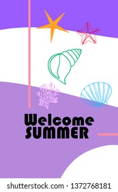 Underwater background. Cute colorful seashells and starfish. Summer design. Vector background