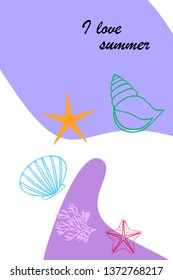 Underwater background. Cute colorful seashells and starfish. Summer design. Vector background