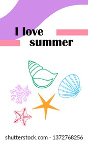 Underwater background. Cute colorful seashells and starfish. Summer design. Vector background