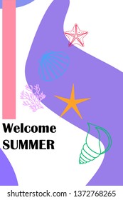 Underwater background. Cute colorful seashells and starfish. Summer design. Vector background