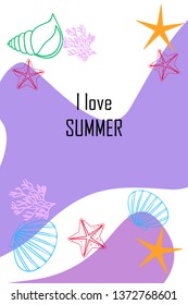 Underwater background. Cute colorful seashells and starfish. Summer design. Vector background