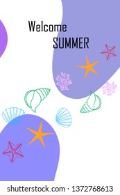 Underwater background. Cute colorful seashells and starfish. Summer design. Vector background