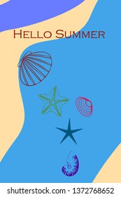 Underwater background. Cute colorful seashells and starfish. Summer design. Vector background